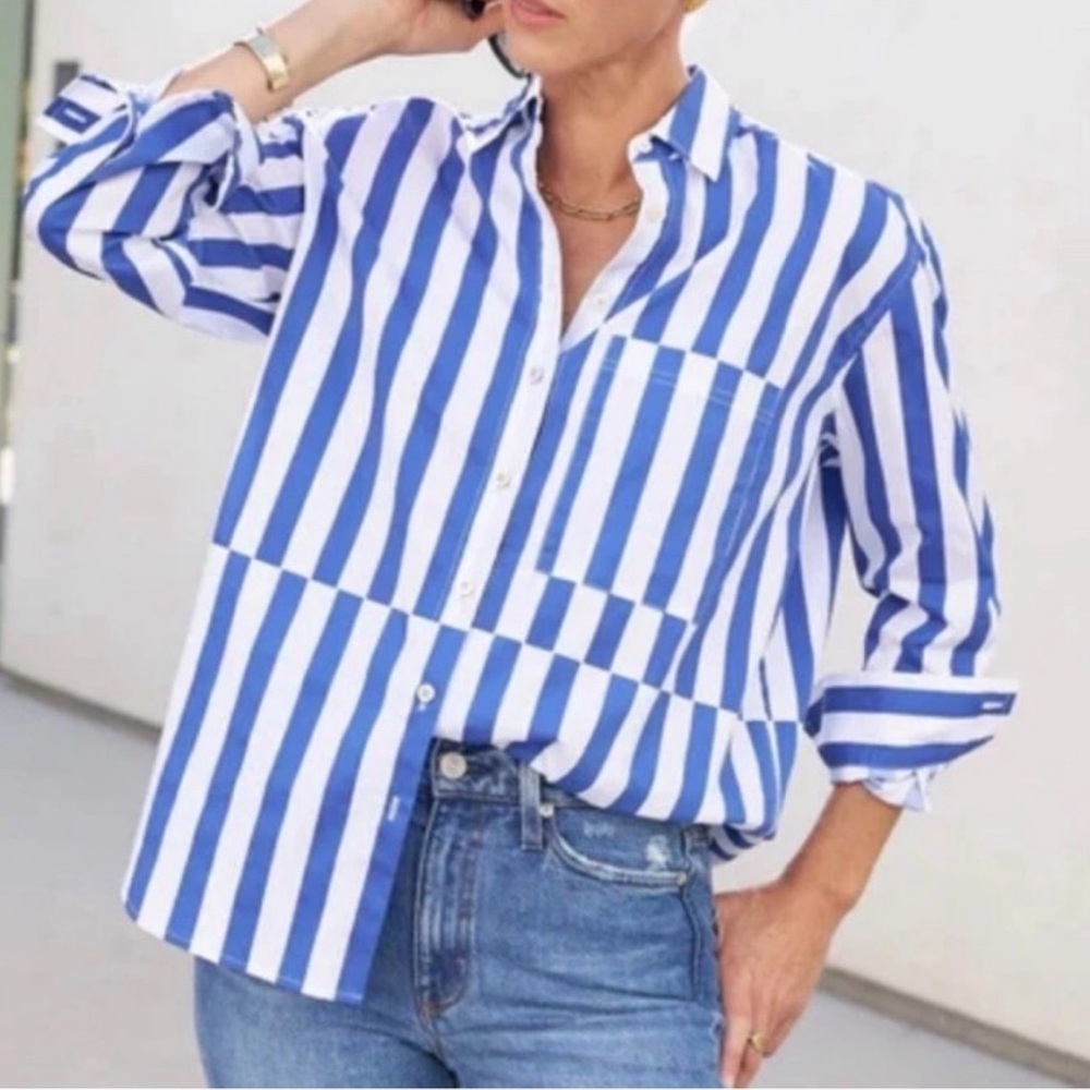 AYR Deep End Blue and White Striped Button Down Shirt in Large - Picture 2 of 6